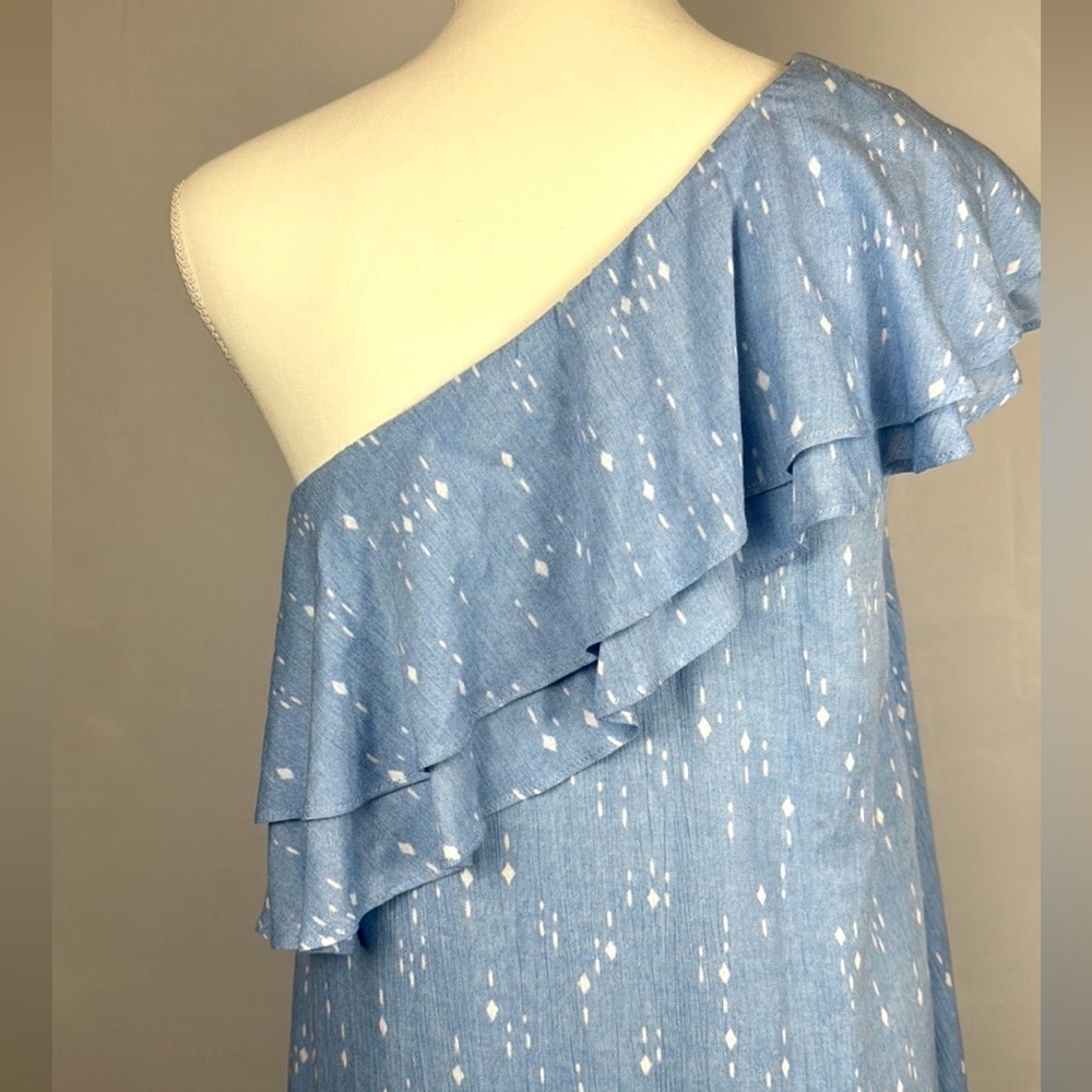 Charles Henry Shift Mini Dress One Shoulder Ruffle Pastel Blue Dot Medium Summer - Picture 10 of 13